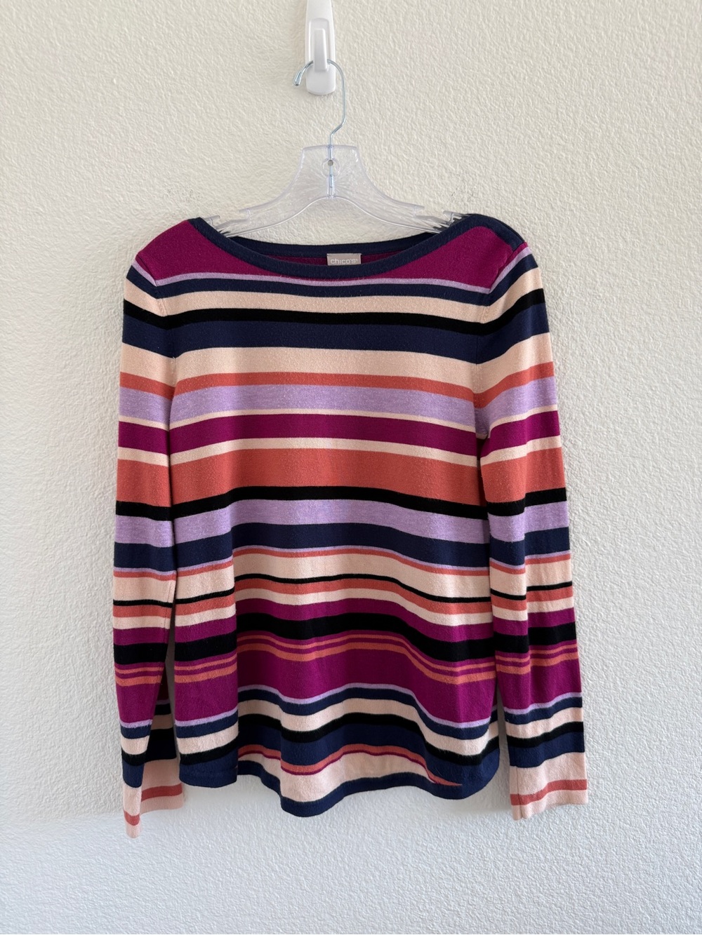 Chico’s Striped Multicolor Boatneck Lightweight Sweater‎